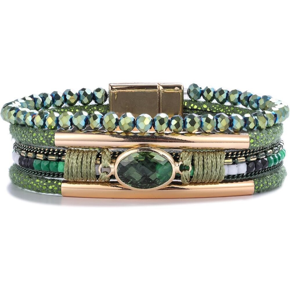 Leather Wrap Bracelet Crystal Beads Boho Cuff Green Charm Jewelry for Women